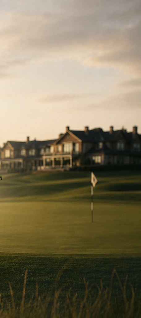 A links course green and clubhouse at dusk